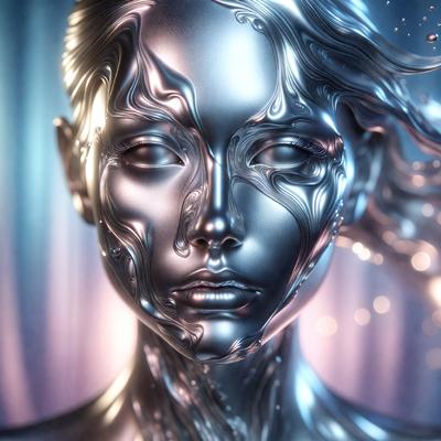 The primary subject of the image is a close-up of a woman's face, which is depicted in a silver or metallic style. The setting is a purple background, and the visual style appears to be a digital art or illustration. The colors in the image are predominantly silver and purple, creating a futuristic and artistic atmosphere.